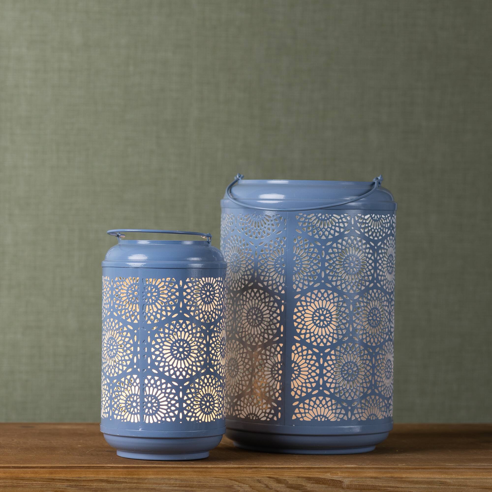 Blue Punched Metal Lantern Candle Holder Set, 11" & 13"